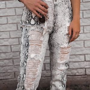 POL Snake Distressed Denim Stretch Pants